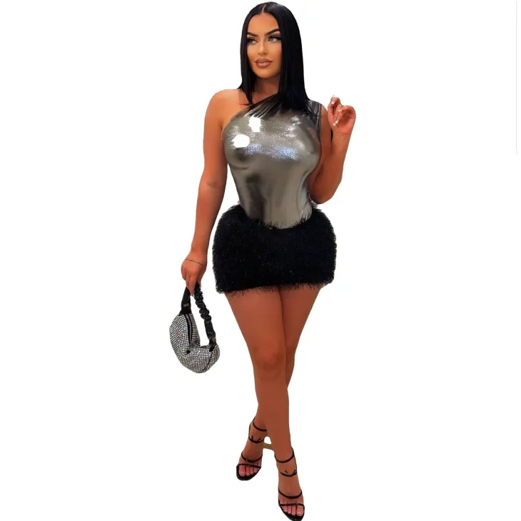 Two Piece One Shoulder Feather Skirt Suit