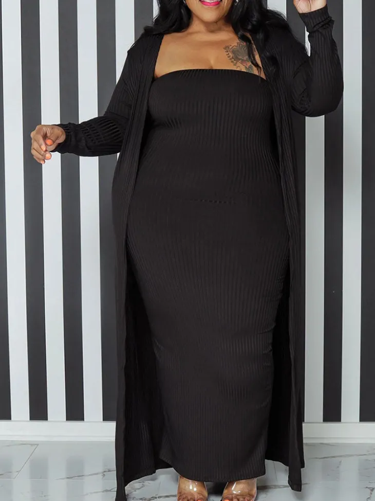 Two Piece Plus Size Solid Color Tube Dress Cardigan Set