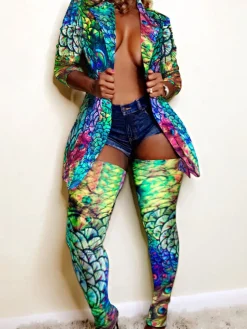 Two Piece Print Jacket High Footless Stockings Set