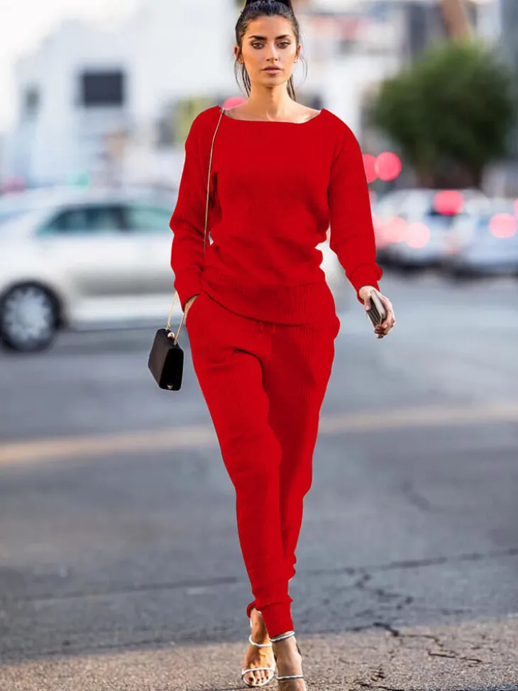 Two Piece Pullover Solid Color Top Pants Set