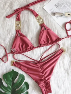 Two Piece Rhinestone Halter Bikini Swimsuit