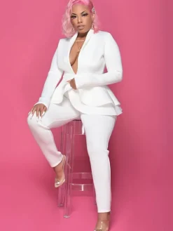 Two Piece Ruffled Blazer Pants Suit