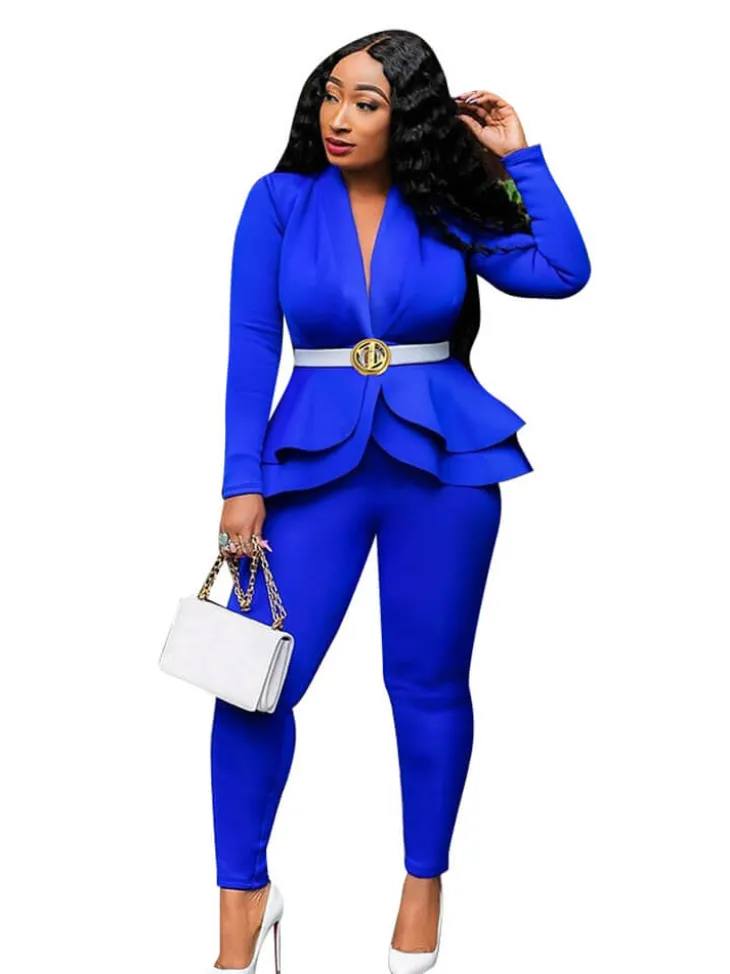 Two Piece Ruffled Blazer Pants Suit