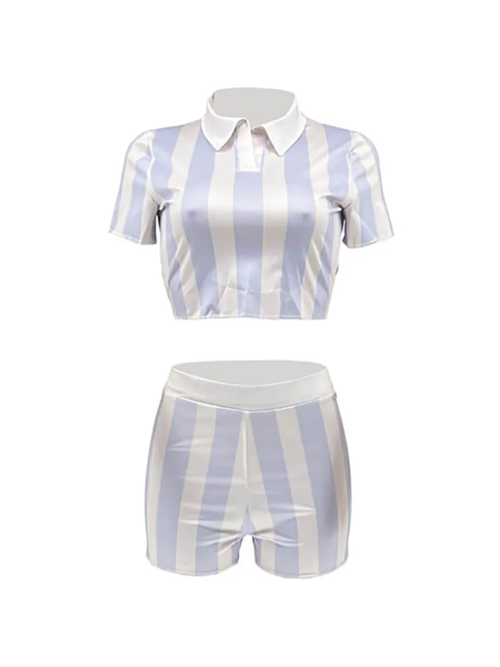 Two Piece Short Sleeve Striped Crop Top Shorts