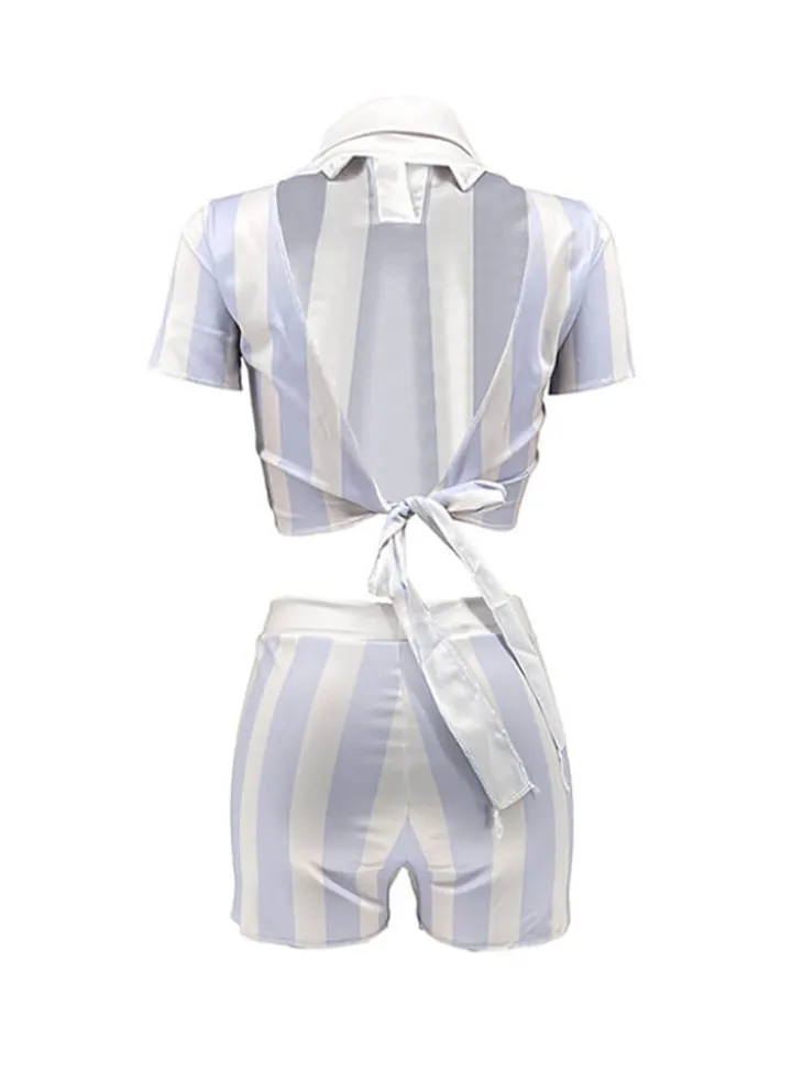 Two Piece Short Sleeve Striped Crop Top Shorts