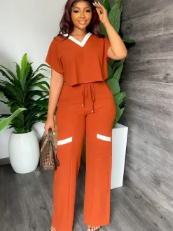 Two Piece Short Sleeve Top Drawstring Pants