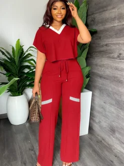 Two Piece Short Sleeve Top Drawstring Pants
