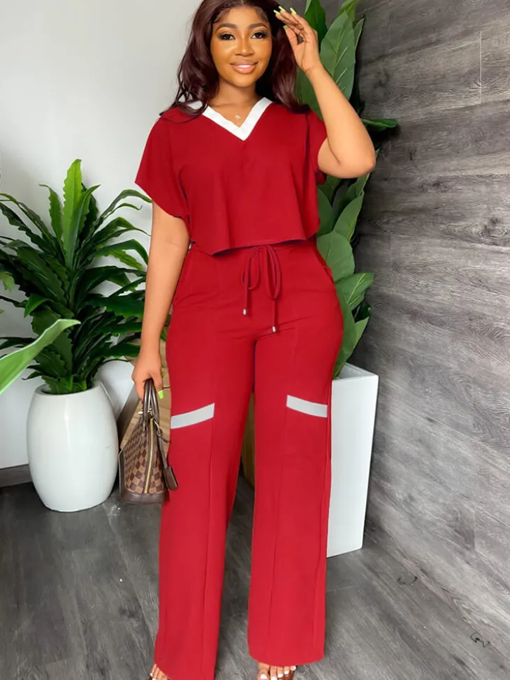 Two Piece Short Sleeve Top Drawstring Pants