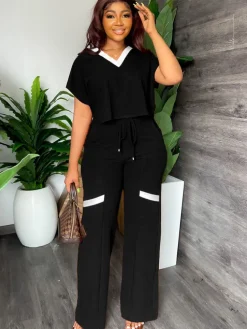 Two Piece Short Sleeve Top Drawstring Pants