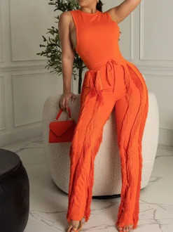Two Piece Sleeveless Top Tassel Pants