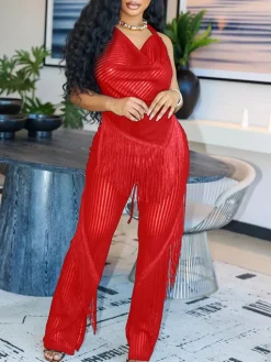 Two Piece Tassel Halter Tops Pants Sets