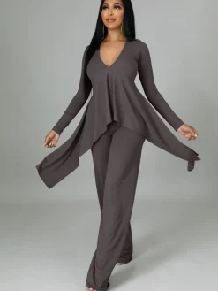 Two Pieces Irregular Lace Up V Neck Top Long Pants