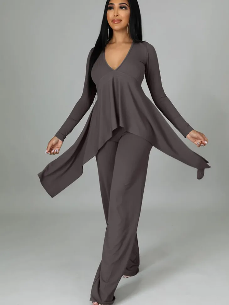Two Pieces Irregular Lace Up V Neck Top Long Pants