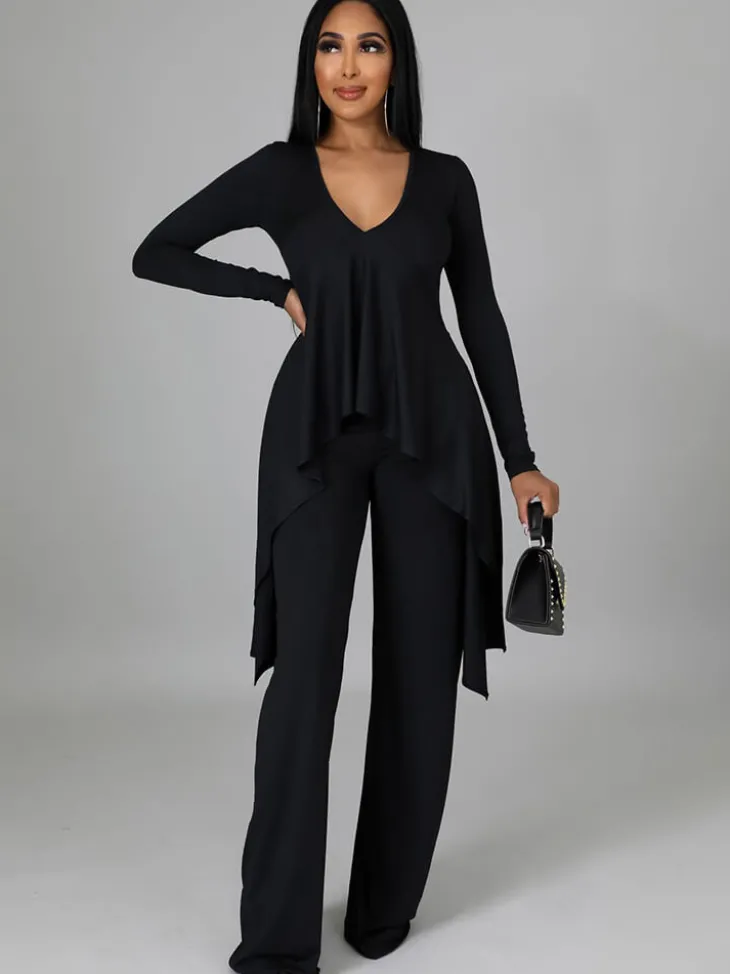 Two Pieces Irregular Lace Up V Neck Top Long Pants