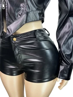 Two Pieces PU Zipper Crop Jacket Shorts Set
