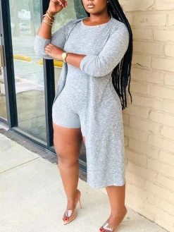 Two Pieces Solid Color Ribbed Jumpsuit Shorts Cardigan