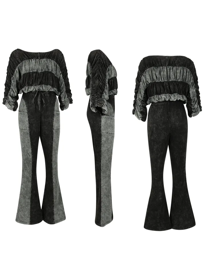 Two Pieces Solid Color Ruched Pants Set