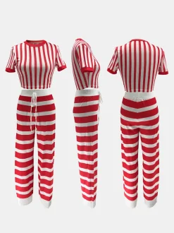 Two Pieces Striped Crop Top Wide Leg Pants
