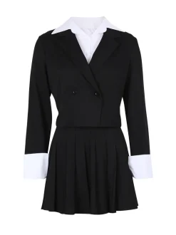 Two-Piece Blazer Shirt Collar Pleated Skirt Set