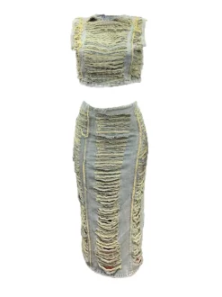 Two-Piece Distressed Denim Tank Top Split Skirt