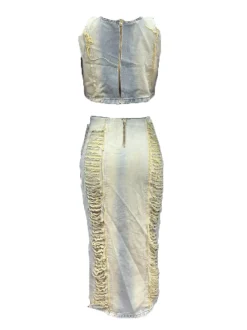 Two-Piece Distressed Denim Tank Top Split Skirt