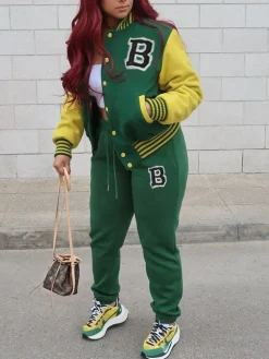 Two-Piece Letter Print Color Block Baseball Set