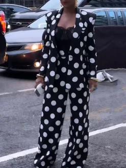 Two-Piece Polka Dot Print Pants Set with Belt