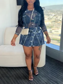Two-Piece Printed Mesh Top Skirt Set