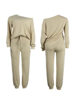 Two-Piece Solid Color Off-Shoulder Sweatshirt Set