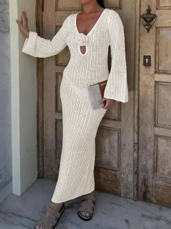 V Neck Backless Knit Beach Maxi Dress