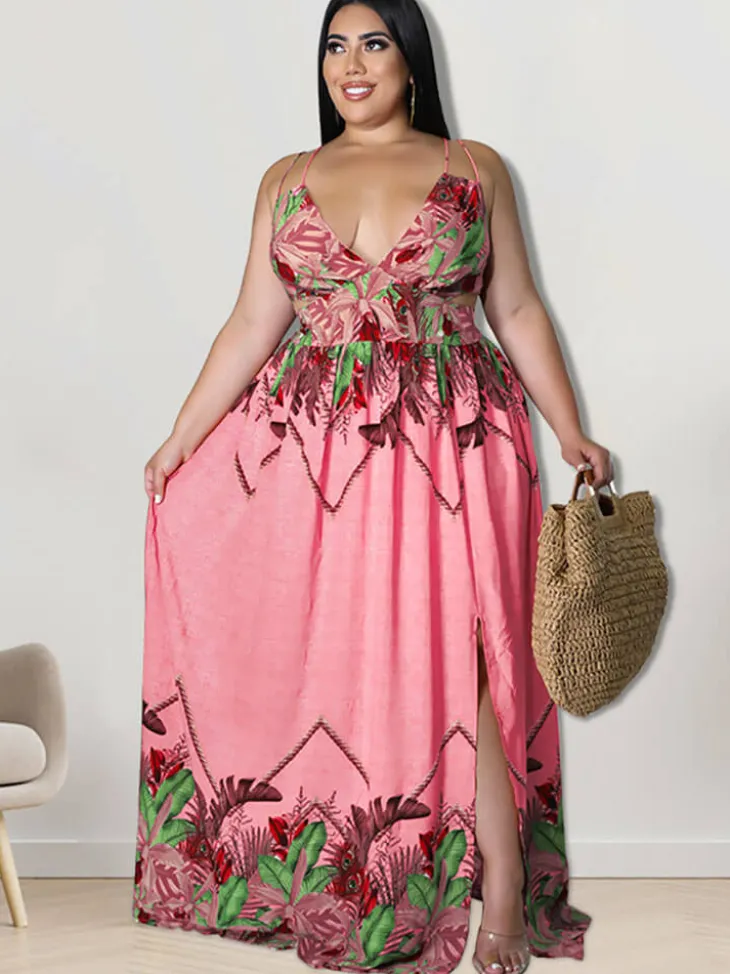 V Neck Floral Print Maxi Dress