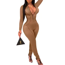 V Neck Long Sleeve Bodycon Jumpsuit