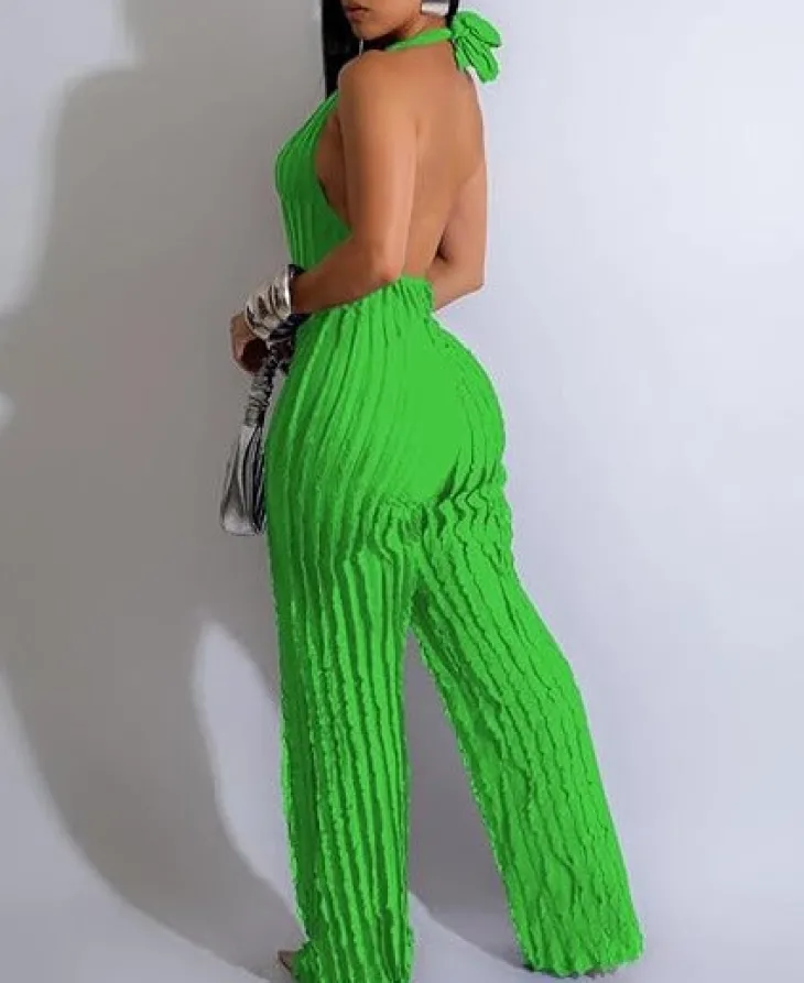 V Neck Pleated Halter Wide Leg Jumpsuit
