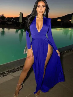 V Neck Solid Color Long Sleeve Slit Maxi Dress