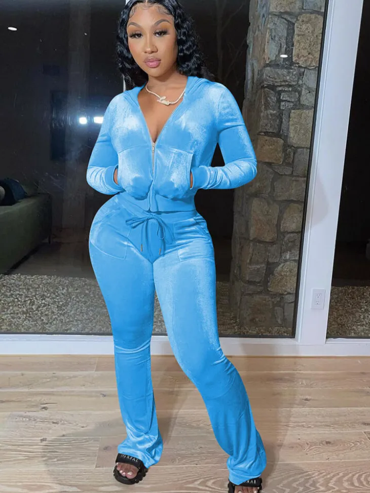 Velour Two Pieces Full Zipper Hooded Tracksuits with Pockets