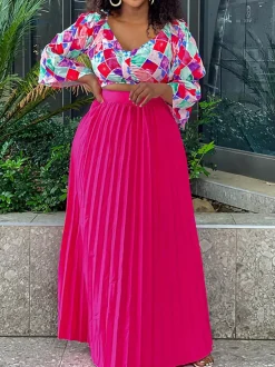 V-Neck Printed Top u0026 Pleated Skirt Two-Piece Set