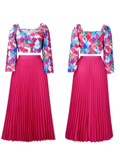 V-Neck Printed Top u0026 Pleated Skirt Two-Piece Set