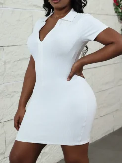 V-Neck Ribbed Striped Zipper Solid Color Mini Dress