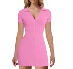 V-Neck Ribbed Striped Zipper Solid Color Mini Dress