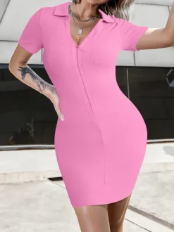 V-Neck Ribbed Striped Zipper Solid Color Mini Dress