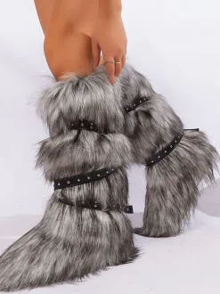 Y2K Faux Fur Cross Strap Buckle Boots