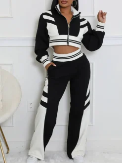 Zip Up Top Color Block Pants Set
