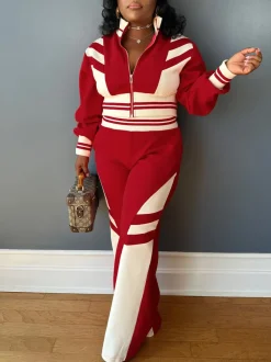 Zip Up Top Color Block Pants Set