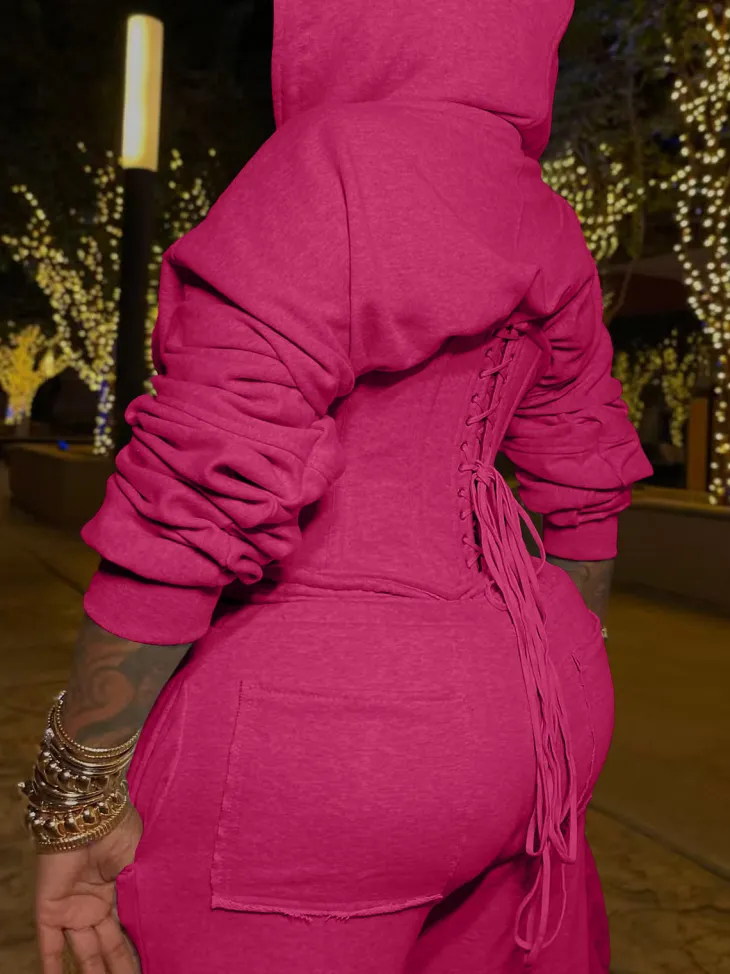Zip-Up Hoodie Corset Waist Pants Set